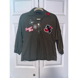 Zara Woman XS Army Green Zip-Up Pullover Top with Patches Long Sleeve Casual